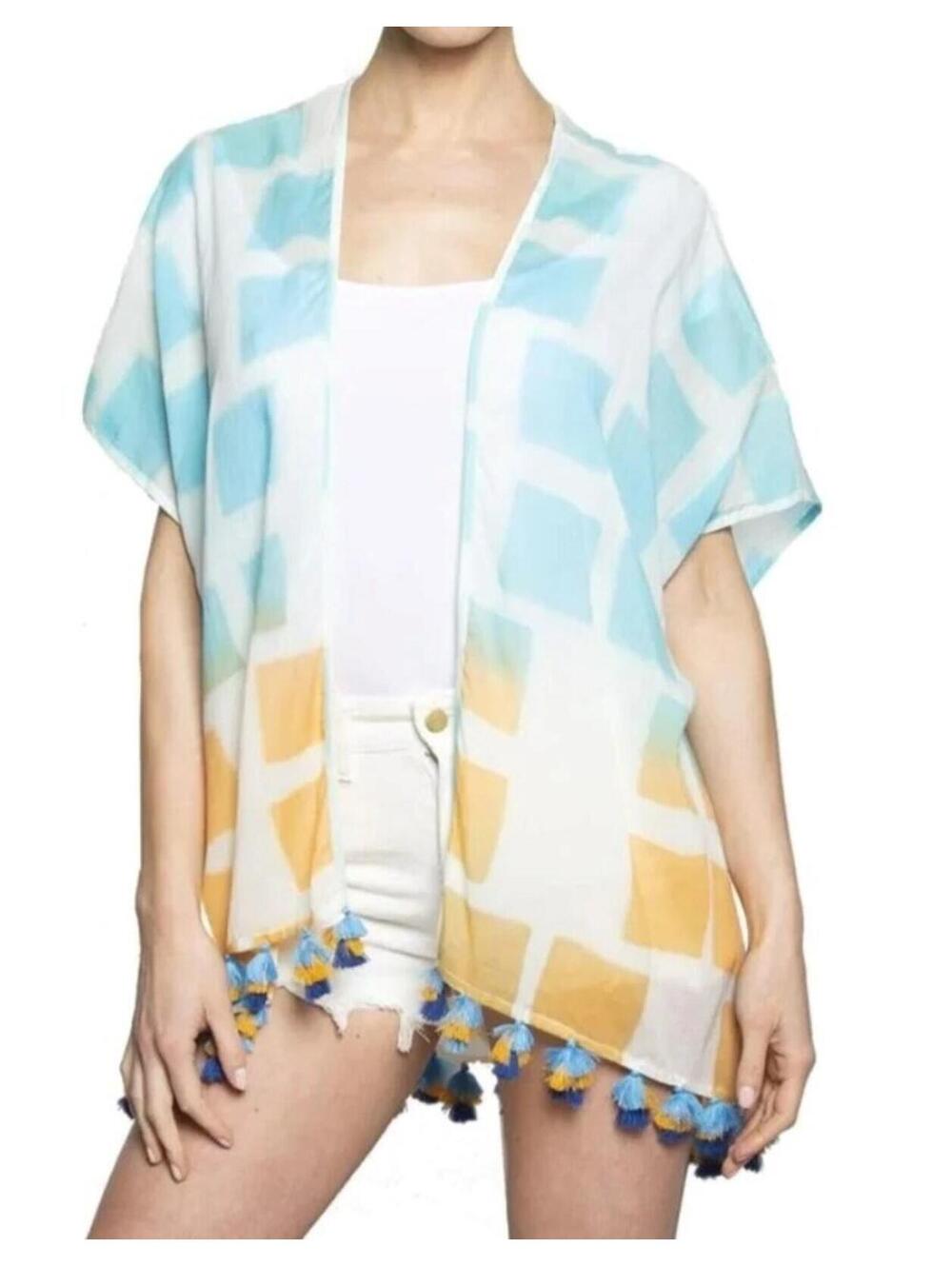 2740 Area Stars printed fringe Kimono - ST Tropez  -Multi color - ONE SIZE